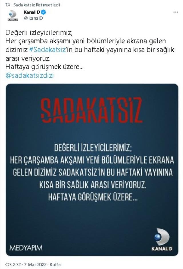 Bu akşam Sadakatsiz var mı, yok mu, neden yok? 9 Mart Çarşamba Sadakatsiz yeni bölüm yok mu? Sadakatsiz yeni bölümü bugün niye yok?