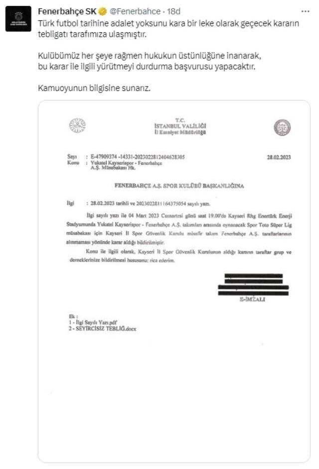 Son Dakika: Fenerbahçe, Kayserispor maçı için getirilen deplasman yasağı ile ilgili harekete geçti