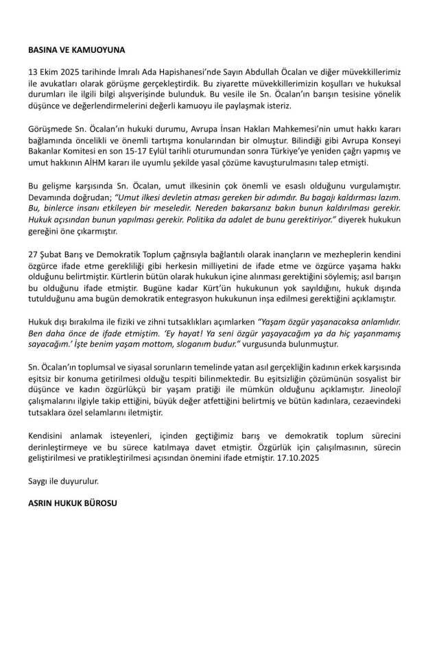 Abdullah Öcalan umut hakkı talep etti: Devlet adım atmalı