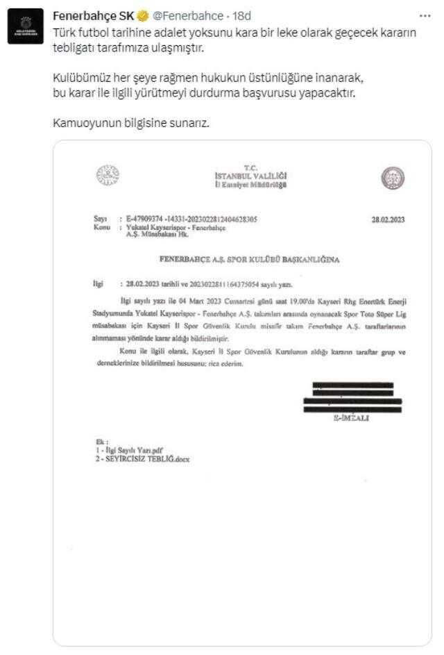 Son Dakika: Fenerbahçe taraftarına Kayserispor maçı için getirilen deplasman yasağı kalktı