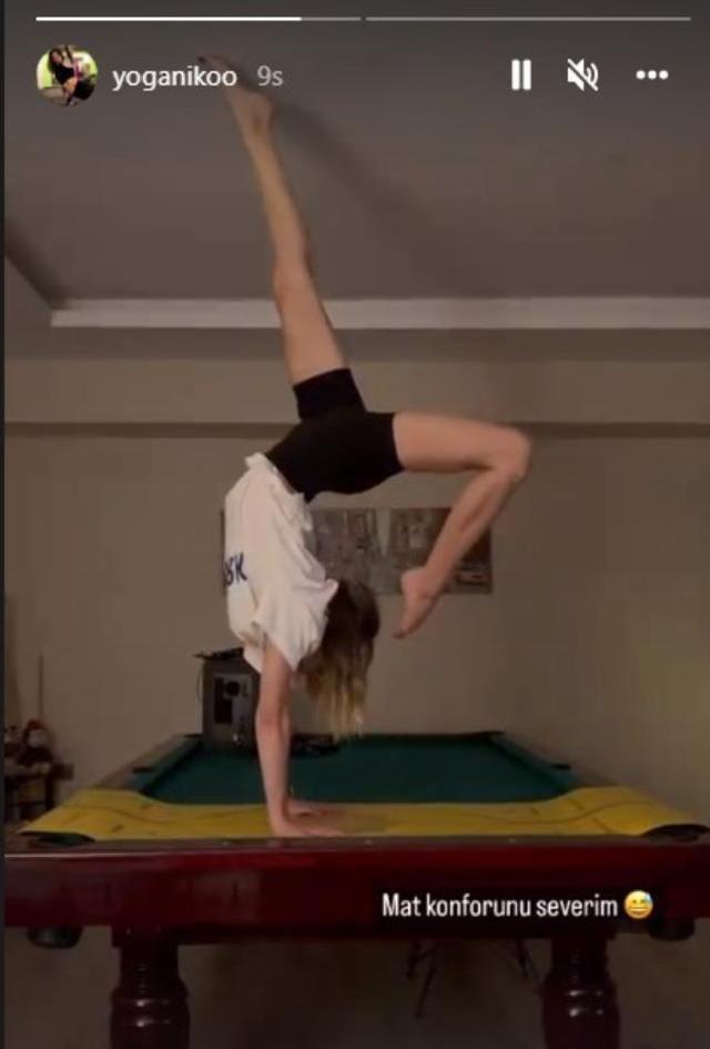 Eski Survivor yarışmacısı Sercan Yıldırım'ın eşi bilardo masasının üzerine amuda kalktı