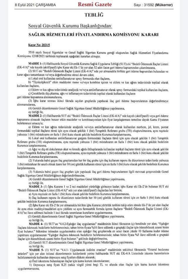 Aralarında ağrı kesici ve merhemlerin bulunduğu 52 ilaç geri ödeme listesinden çıkarıldı