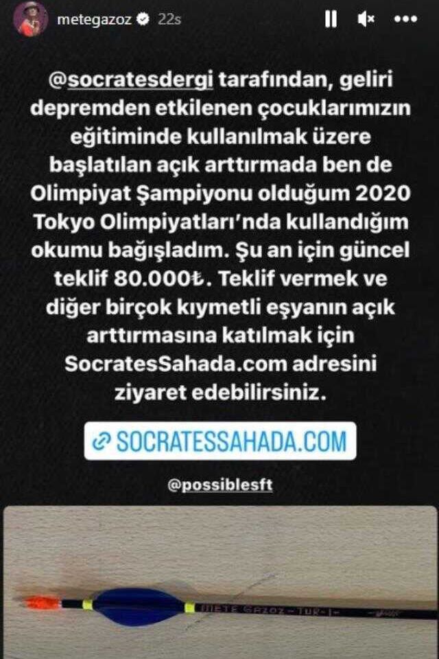 Milli okçu Mete Gazoz, olimpiyat şampiyonluğu kazandığı oku depremzedeler için bağışlıyor