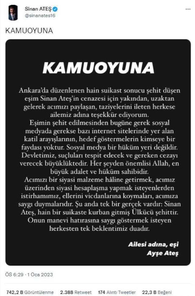 Suikasta uğrayan Sinan Ateş'in ailesinden ilk açıklama: Katil arayışlarının, hedef göstermelerin kimseye bir faydası yok