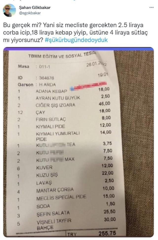 Meclis lokantasına ait adisyonu paylaşan Şahan'ın haklı isyanı: Bu gerçek mi?