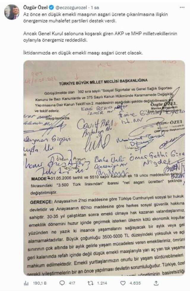 'En düşük emekli aylığı 8.500 TL olsun' teklifi, iki partinin oylarıyla bir kez daha reddedildi