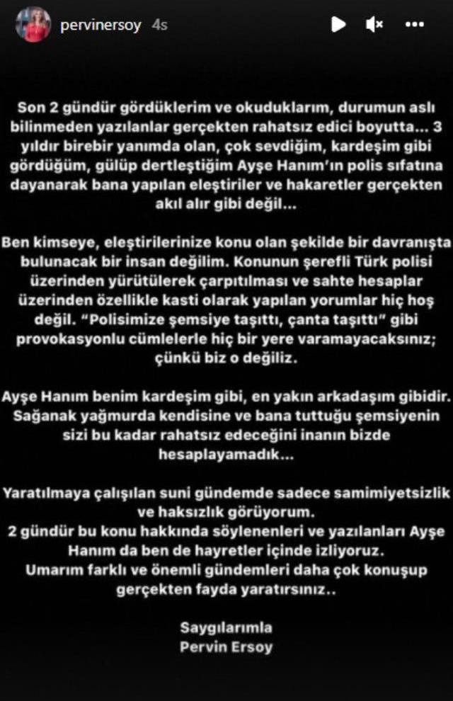 Koruma polisine çanta taşıtması ve şemsiye tutturmasıyla eleştirilen Bakan Ersoy'un eşi Pervin Ersoy sessizliğini bozdu