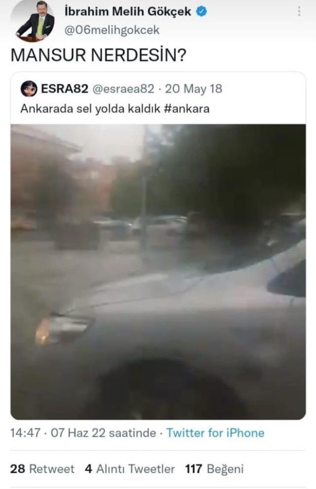 Melih Gökçek, başkentteki selle ilgili Mansur Yavaş'ı eleştirdi! Gerçeği öğrenince apar topar paylaşımını sildi