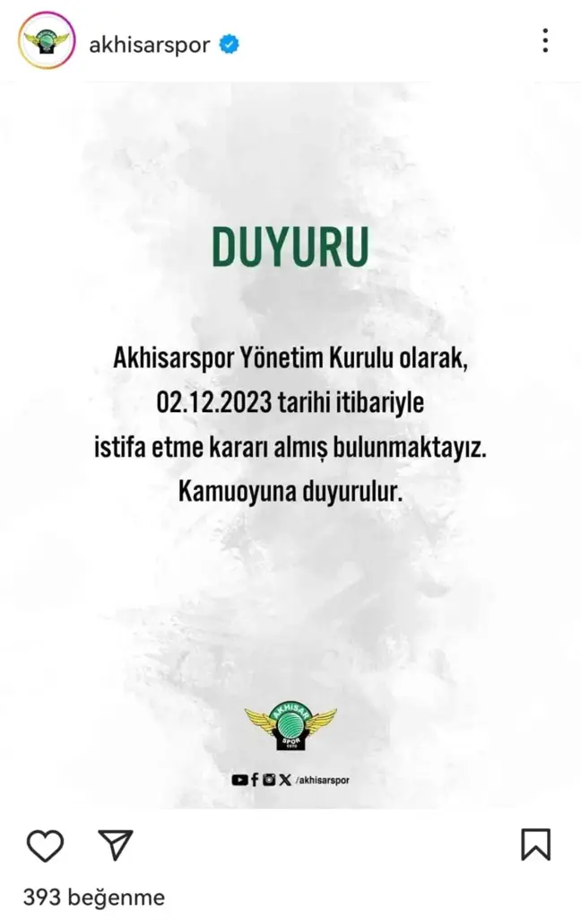 Akhisarspor Yönetimi İstifa Etti