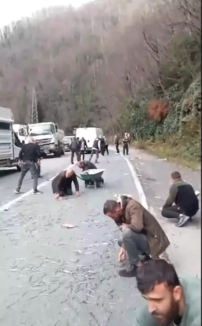 Artvin'de karayoluna dökülen inşaat çivilerini sürücüler topladı