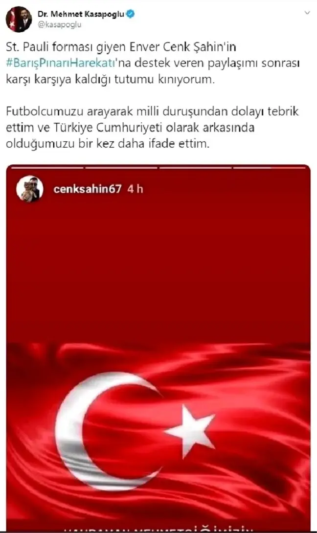 Bakan kasapoğlu'ndan cenk şahin'e destek