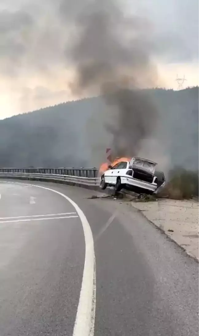 Bursa'da Yağışlı Havada Kontrolden Çıkan Otomobil Alev Alev Yandı