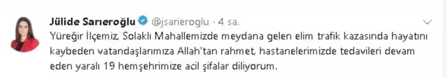 Jülide Sarıeroğlu ve Hüseyin Sözlü'den Kazada Hayatını Kaybedenlerin Yakınlarına Başsağlığı Mesajı