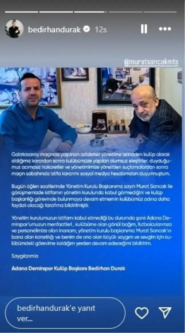 Adana Demirspor Başkanı Bedirhan Durak İstifa Etti, Yönetim Kurulu Kabul Etmedi