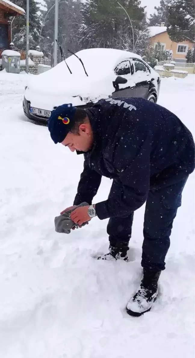 Jandarma personeli donmak üzere olan kuşu elleriyle ısıttı, beresiyle sardı