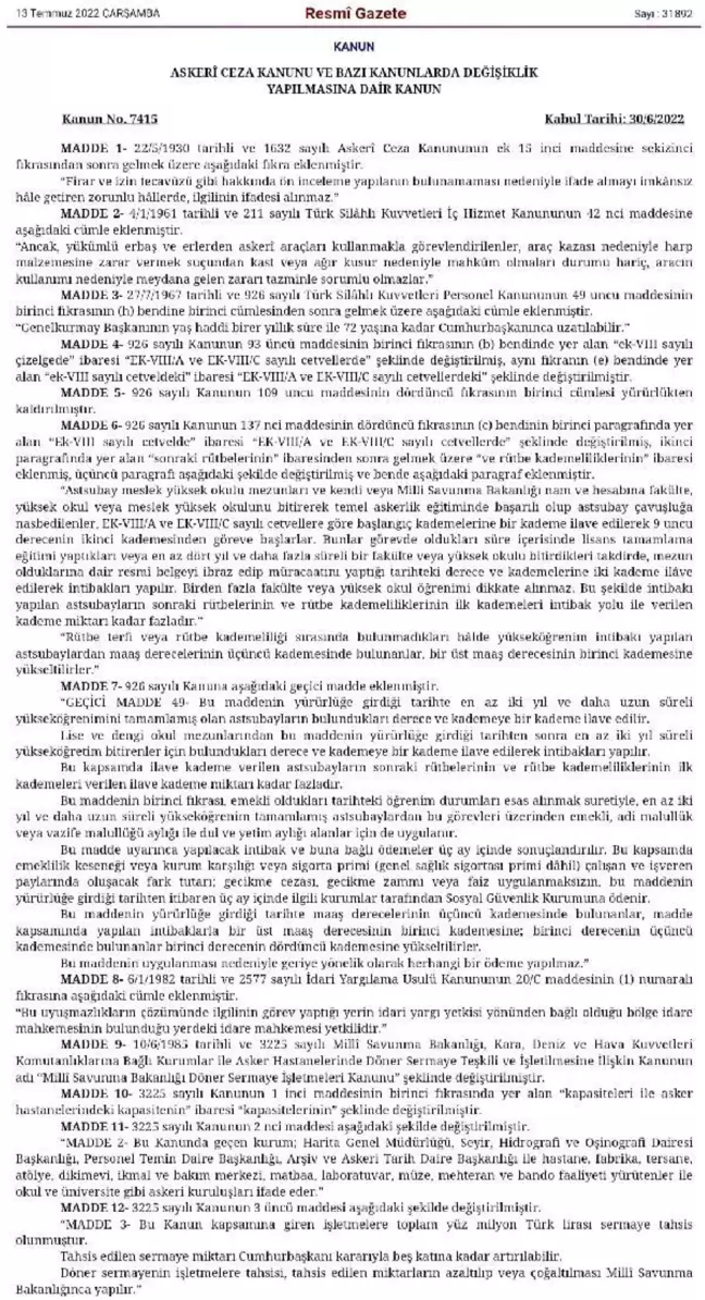 Askeri Ceza Kanunu, Resmi Gazete'de yayımlanarak yürürlüğe girdi