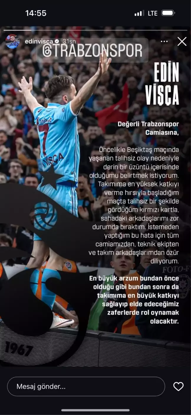 Edin Visca, Kırmızı Kart Sonrası Trabzonspor Camiasından Özür Diledi