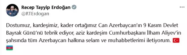 Cumhurbaşkanı Erdoğan, Azerbaycan'ın 'Devlet Bayrak Günü'nü kutladı