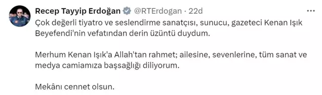 Cumhurbaşkanı Recep Tayyip Erdoğan, Kenan Işık için başsağlığı diledi