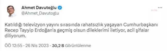 Davutoğlu: Katıldığı Televizyon Yayını Sırasında Rahatsızlık Yaşayan Cumhurbaşkanı Recep Tayyip Erdoğan'a Geçmiş Olsun Dileklerimi İletiyor, Acil...
