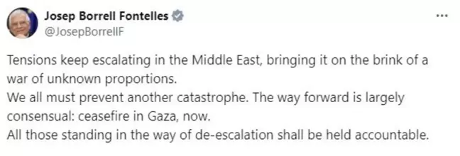 Avrupa Birliği Dışişleri ve Güvenlik Politikaları Yüksek Temsilcisi: Orta Doğu'da Gerginliği Azaltmaya Engel Olanlar Sorumlu Tutulacak