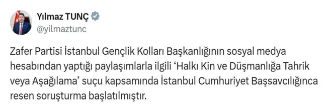 Zafer Partisi Gençlik Kollarına Soruşturma Başlatıldı