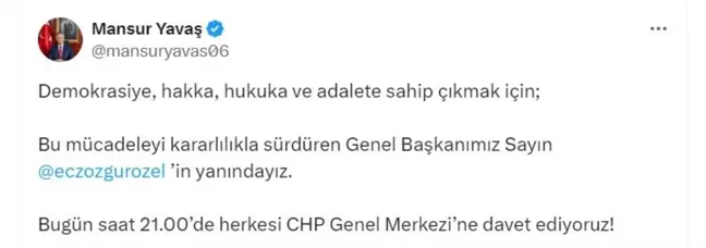 Mansur Yavaş, CHP Genel Merkezi'nde Toplanma Çağrısı Yaptı