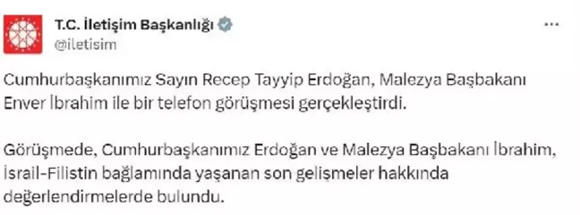 Cumhurbaşkanı Erdoğan, Malezya Başbakanı İbrahim ile Telefonda Görüştü