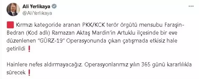 PKK/KCK Üyesi Ramazan Aktaş Mardin'de Etkisiz Hale Getirildi