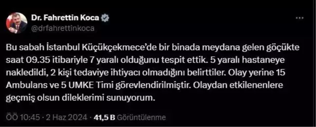 Sağlık Bakanı Koca, Küçükçekmece'de çöken binayla ilgili açıklama yaptı