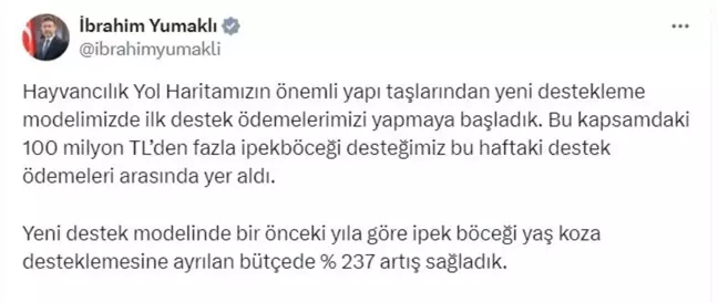 Tarım ve Orman Bakanı Yumaklı: İpek böceği yaş koza desteklemesine yüzde 237 artış sağladık