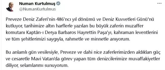 TBMM Başkanı Kurtulmuş, Preveze Deniz Zaferi'ni Kutladı