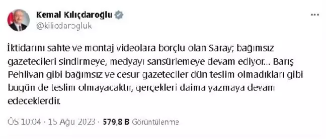 Kılıçdaroğlu, Barış Pehlivan'ın cezaevine girmesine tepki gösterdi