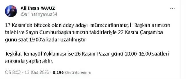 AK Parti, yerel seçim aday adayı başvurularını uzattı