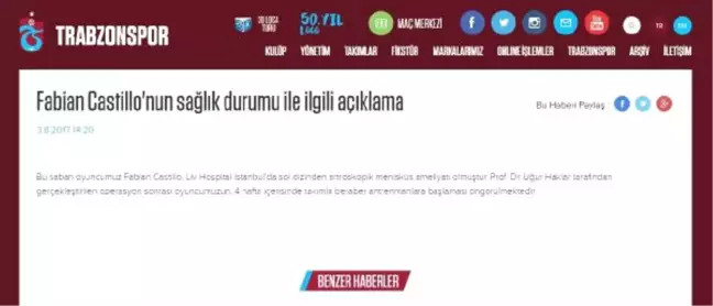 Trabzonsporlu Castillo Ameliyat Oldu