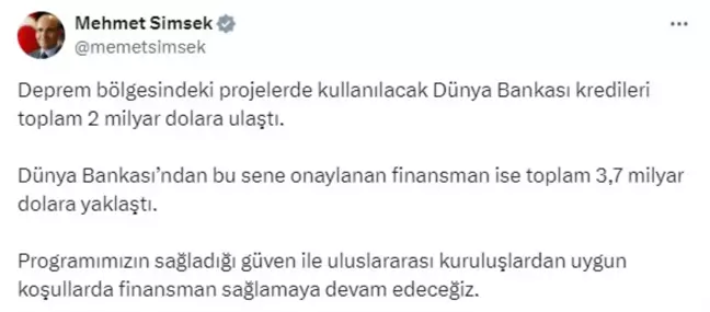 Deprem bölgesine Dünya Bankası'ndan 2 milyar dolarlık kredi