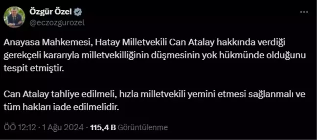 AYM Kararına Göre TİP Hatay Milletvekilinin Düşürülmesi Yok Hükmünde