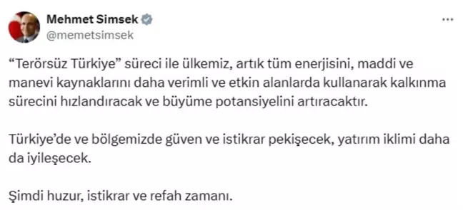 Bakan Şimşek'ten PKK'nın Silah Bırakma Kararına İlişkin Açıklama