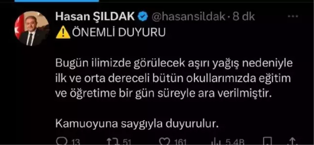 Şanlıurfa'da Sağanak Nedeniyle Okullar Tatil Edildi