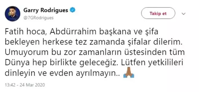 Garry Rodrigues'den Fatih Terim ve Abdurrahim Albayrak'a geçmiş olsun mesajı
