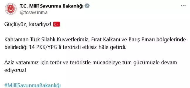 TSK, Suriye'de 14 PKK/YPG'li Teröristi Etkisiz Hale Getirdi