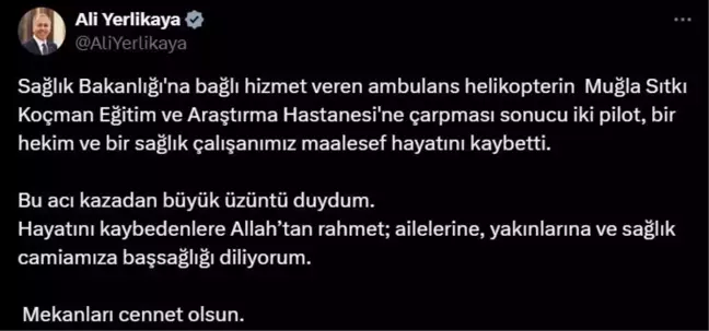 Bakanlar'dan helikopter kazasında vefat edenlere rahmet mesajı