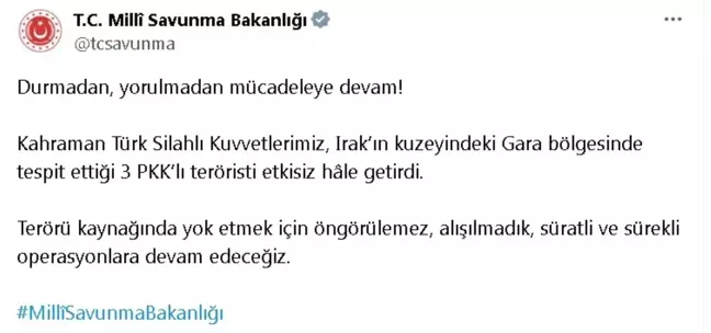 Irak'ın Kuzeyinde 3 PKK'lı Terörist Etkisiz Hale Getirildi