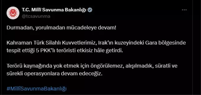 Türk Silahlı Kuvvetleri Irak'ın Kuzeyinde 5 PKK'lı Teröristi Etkisiz Hale Getirdi