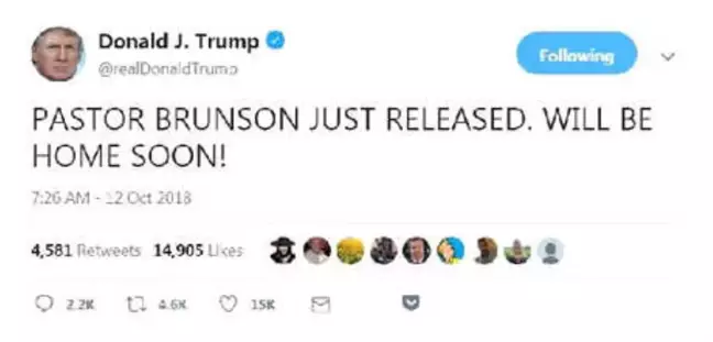 Trump: Rahip Brunson Serbest Bırakıldı, Yakında Evinde Olacak