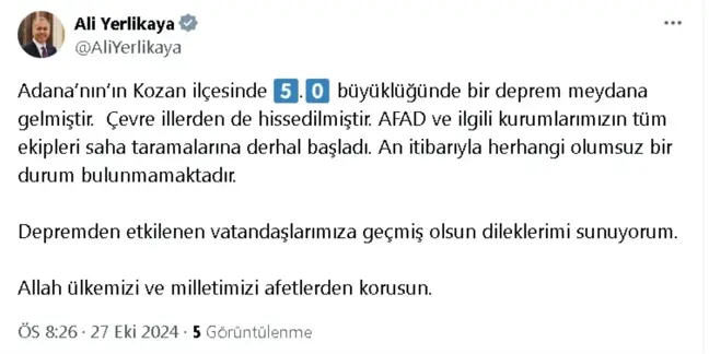 Adana'nın Kozan İlçesinde 5.0 Büyüklüğünde Deprem