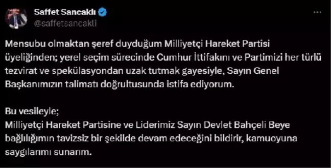 MHP Kocaeli Milletvekili Saffet Sancaklı Partiden İstifa Etti