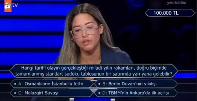 Hangi tarihi olayın gerçekleştiği miladı yılın rakamları, doğru biçimde tamamlanmış standart sudoku tablosunun bir satırında yan yana gelebilir?