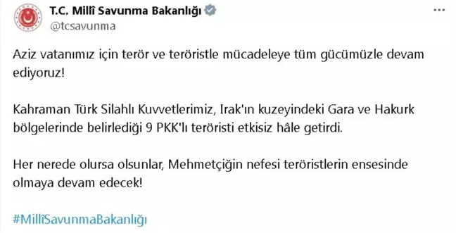 TSK Irak'ın Kuzeyinde 9 PKK'lı Teröristi Etkisiz Hale Getirdi