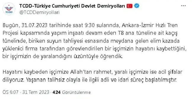 Ankara-İzmir Hızlı Tren Projesi'nde Kazada Bir İşçi Hayatını Kaybetti
